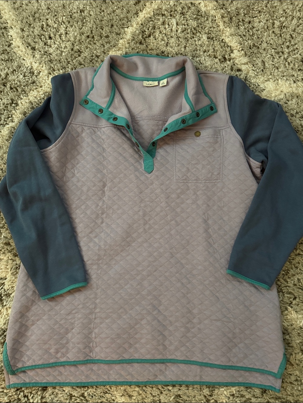 L.L. Bean Quilted Pullover Sweatshirt in Lilac with Teal Trim and Slate Sleeves